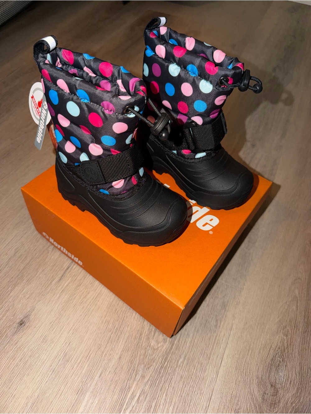 Northside Kids Black Snow Boots with Pink Blue and Light Blue Polka Dots